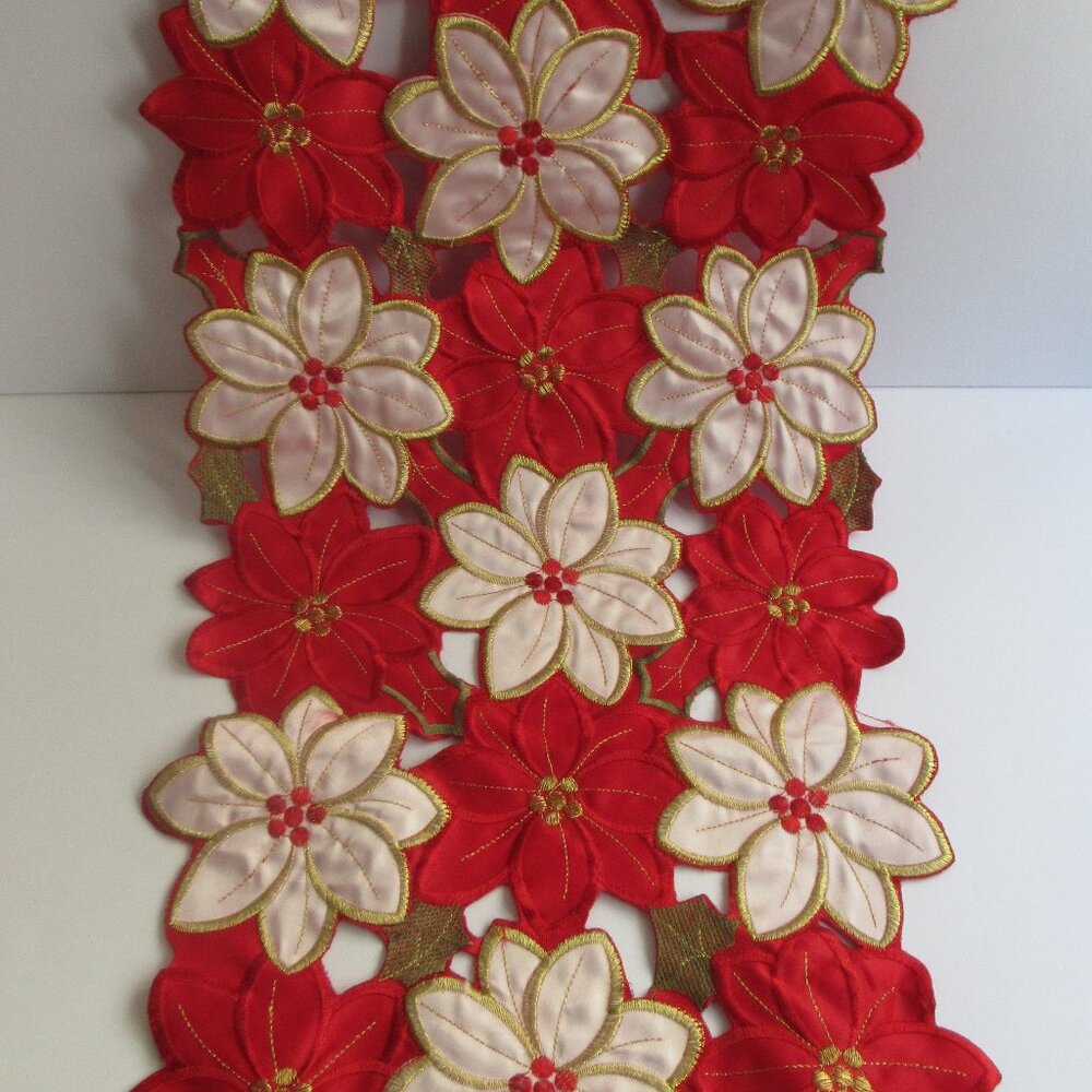 Poinsettia Satin Cut-Out Table Runner Embroidered Christmas 12" x 68" - Picture 1 of 10